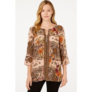 JM Collection Boho Floral Blouse XL Peach Medallion NWT